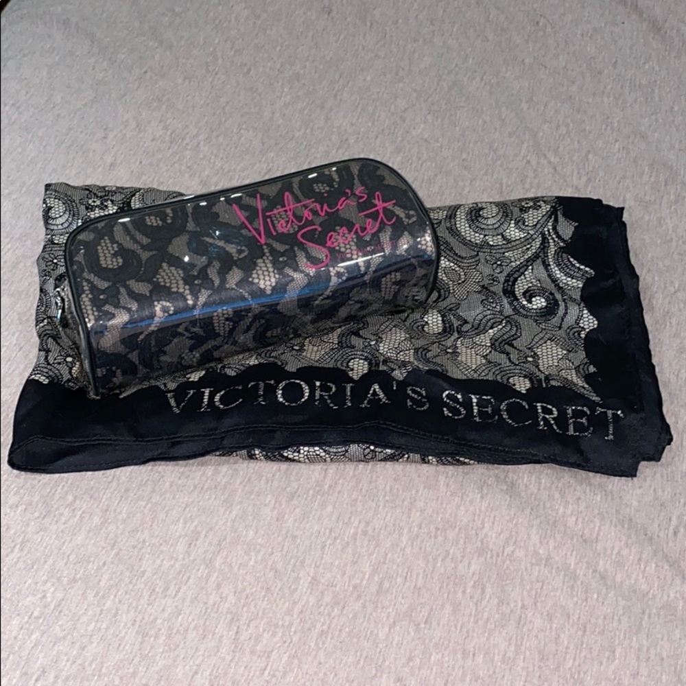 Victoria’s Secret lace makeup case and satin scarf